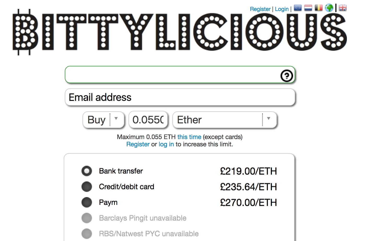 Bittylicious lets you buy cryptocurrency with British Pounds. We recommend using bank transfer for the best rate