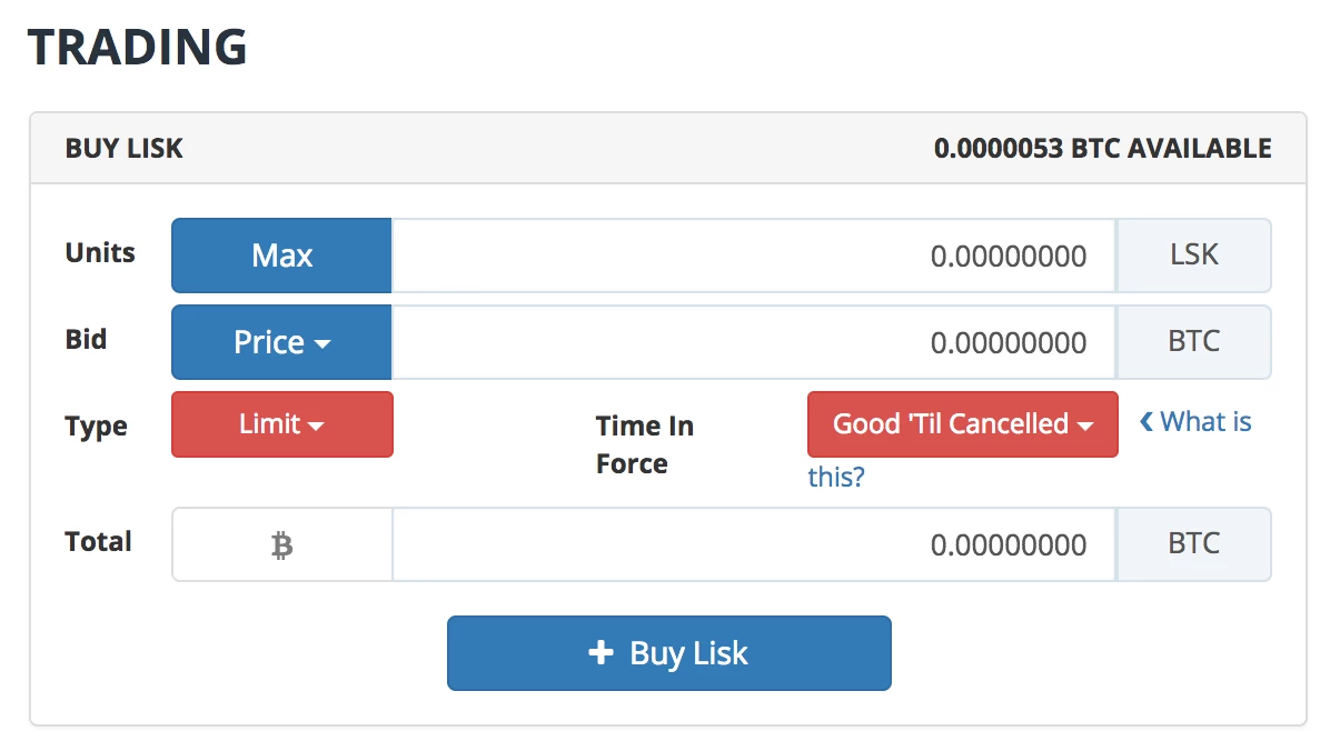 Bittrex Lisk Trade Screen