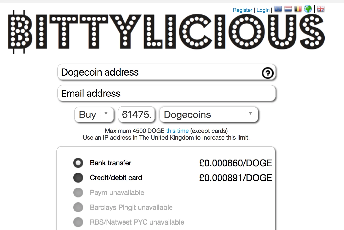 Buy Dogecoin with Bittylicious UK