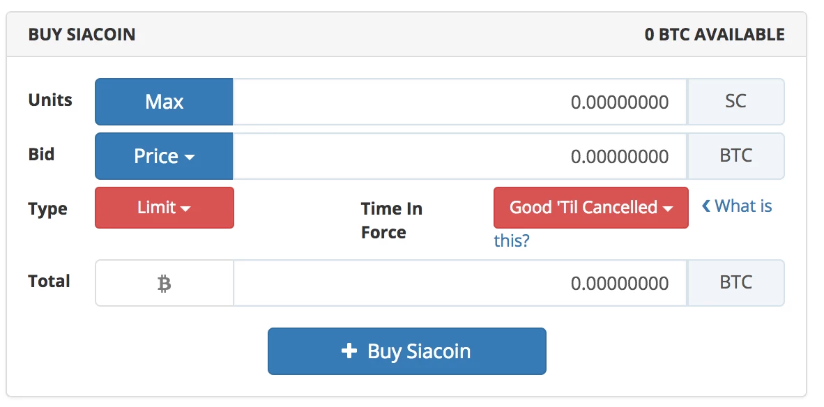 Bittrex Siacoin Interface