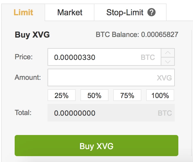 Verge order panel Binance