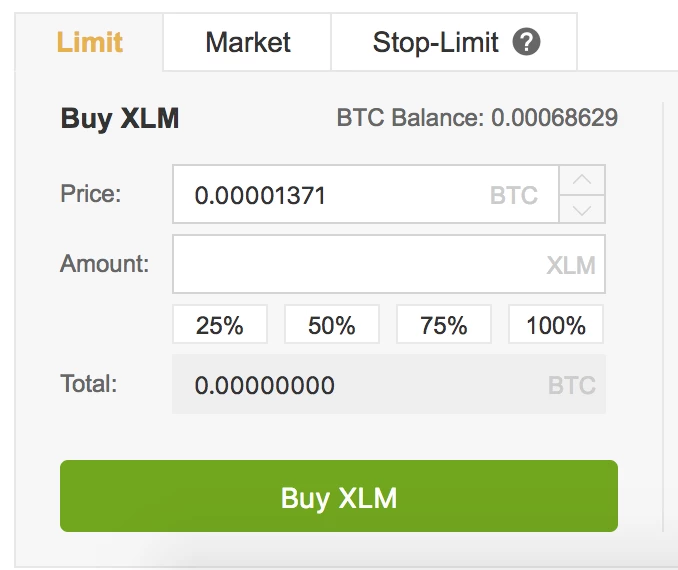 Binance XLM order window