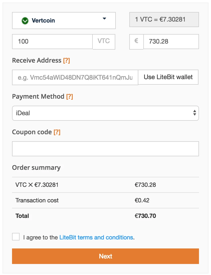 LiteBit Vertcoin order form