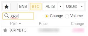 BTC XRP trading pair selector Binance