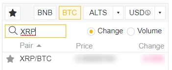 BTC XRP trading pair selector Binance